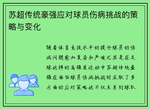 苏超传统豪强应对球员伤病挑战的策略与变化
